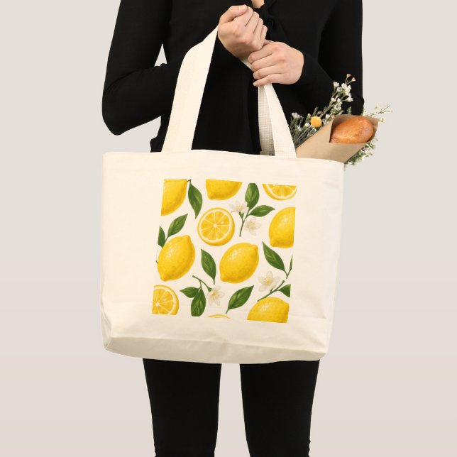 Färska citronmönster med blad och blommor  jumbo tygkasse (Framsida (produkt))