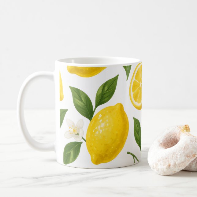Färska citronmönster med blad och blommor  kaffemugg (Med munk)