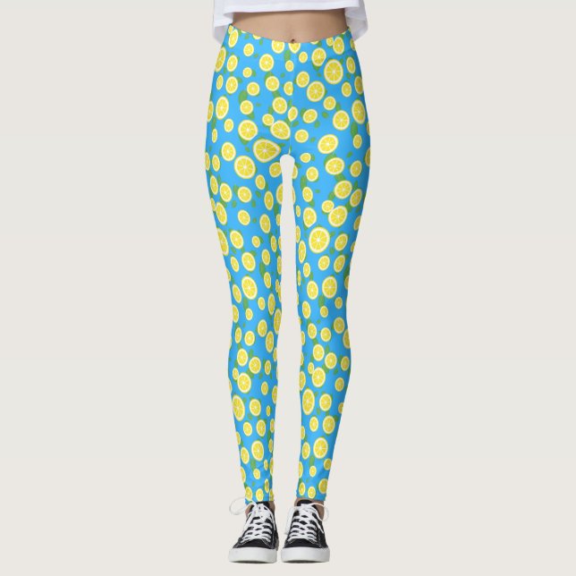 Färska citronskivor blå sommarleggings leggings (Framsida)