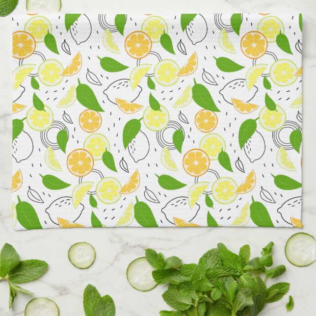 Färska citrusfrukter Citron Apelsin Modern. Kökshandduk (Vikta)
