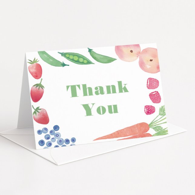 Färska färgade fruktuppfödare Marknadsbabyskor Tack Kort (Gender neutral Farmers Market thank you card design with border of watercolor fruits and vegetables)