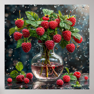 Färska hallon och gröna blad poster