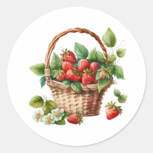 Färska jordgubbar i Wicker Basket Runt Klistermärke