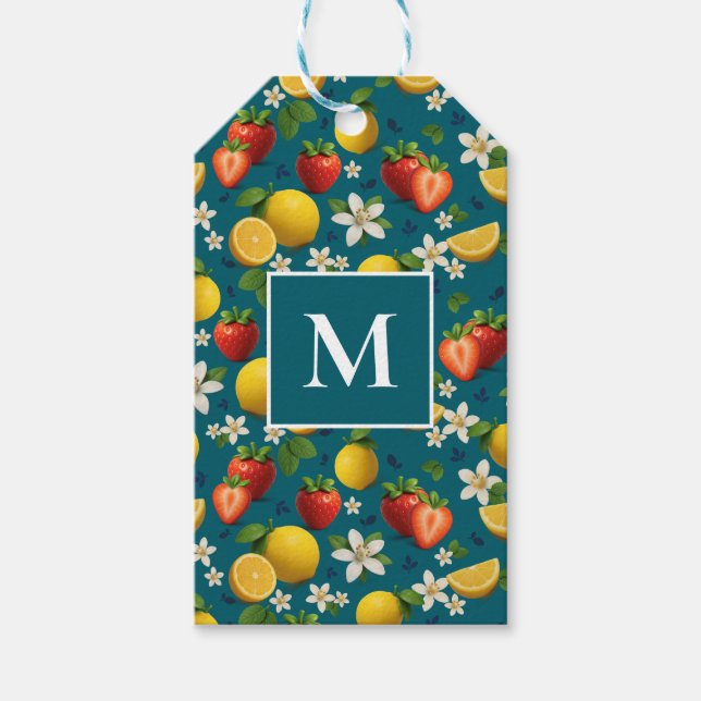 Färska jordgubbar och lemon Mönster Blue Presentetikett (Framsidan)