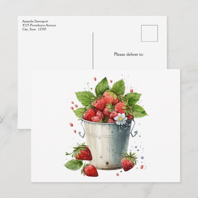 Färska jordgubbar plockade i en hink vykort (Fram/baksida)
