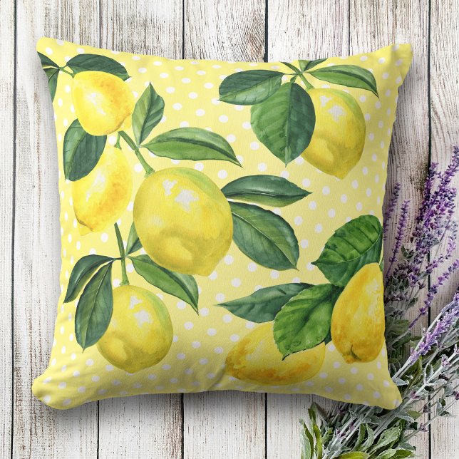 Färska land, rustiska citroner, vattenfärg polka d kudde (Skapare uppladdad)