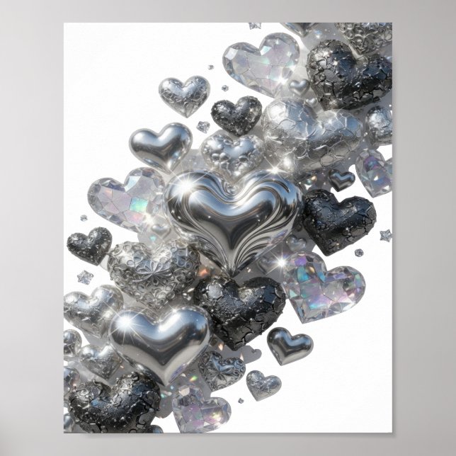 Färska Silver HJÄRTAN AV GLITTER Poster (Framsidan)