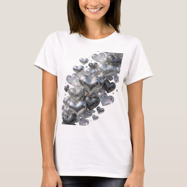 Färska Silver HJÄRTAN AV GLITTER Statement T-shirt (Framsida)
