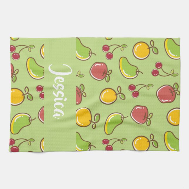 Färska sommarfrukter grönt mönster kökshandduk (Horisontell)