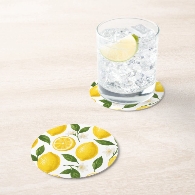Färskt citronmönster med blad och blommor  underlägg papper rund (Insitu)