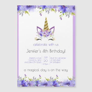 Färskt Violet Unicorn Födelsedagsfest Decor Magnetisk Inbjudningskort