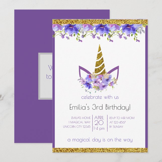 Färskt Violet | Unicorn Girl Birthday Inbjudningar (Fram/baksida)
