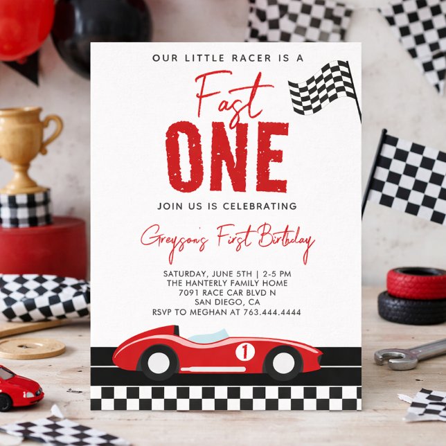 Fart Ett Racingbil Pojke 1-års Födelsedagsfest Inbjudningar (Fast One Race Car Boy 1st Birthday Party Invitation
)