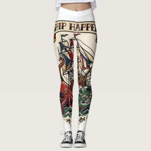 Fartyg händer Kraken Pirat Tatuering Blixt Rolig N Leggings