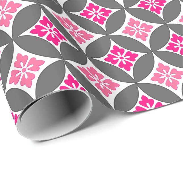 Fartyg med blommor, motif, Rosa och Silver Grått Presentpapper (Rullad Hörn)