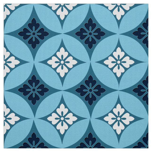 Fartyg med blomstermotif, blått och vitt tyg (Provkarta)