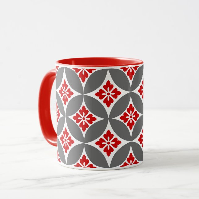 Fartyg med blomstermotif, rött, vitt och Grått Mugg (Framsida vänster)