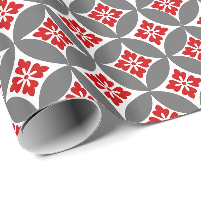Fartyg med blomstermotif, rött, vitt och Grått Presentpapper (Rullad Hörn)
