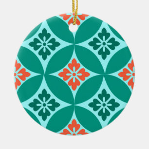 Fartyg med blomstermotif, turkos och korall julgransprydnad keramik