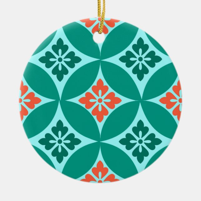 Fartyg med blomstermotif, turkos och korall julgransprydnad keramik (Framsidan)