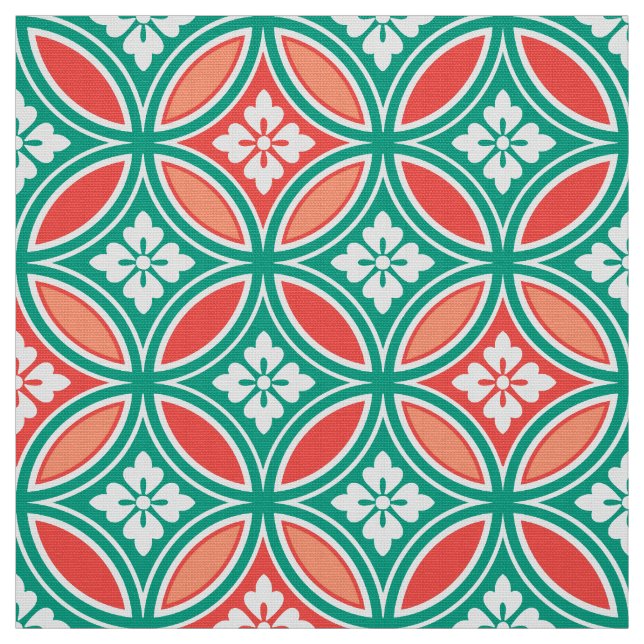 Fartyg med blomstermotif, turkos och korall tyg (Provkarta)