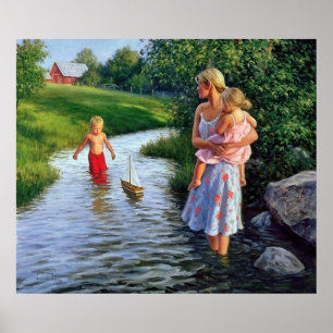 fartyg på ett flodkonstverk poster