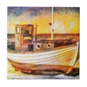 Fartyget Nautical FishBoat on Beach at Sunset Ocea Kakelplatta