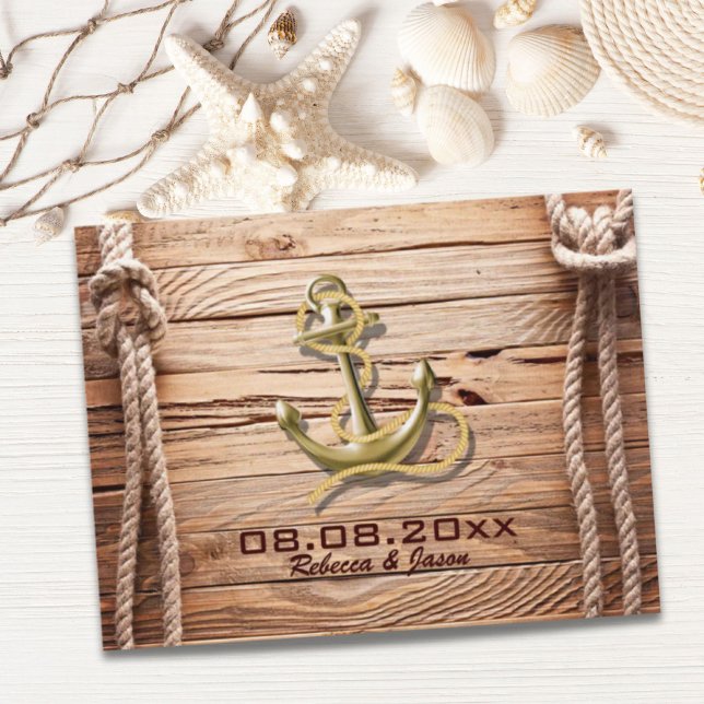 fartygsdock trä strand ankare nautisk spara datum meddelande vykort (ship dock wood beach anchor nautical save the date announcement postcard)
