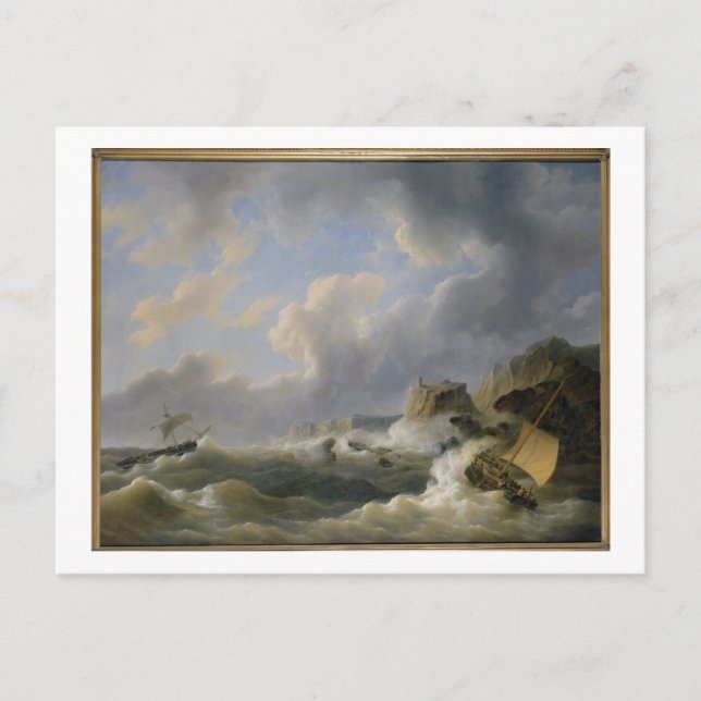 Fartygsfrakter längs en kustlinje i ett grovt hav  vykort (Framsida)