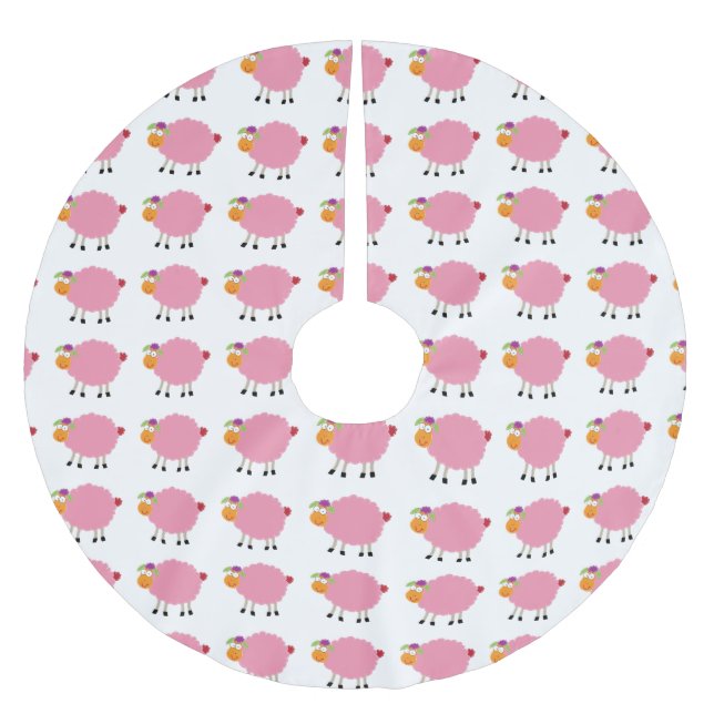 Fårungerande tecknad rosa får julgransmatta borstad polyester (Framsidan)