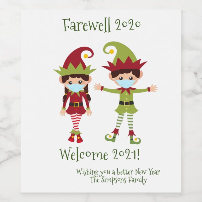 Farväl 2020 Välkommen 2021 Holiday Elf Vin Vinflaska Etikett (Singel etikett)
