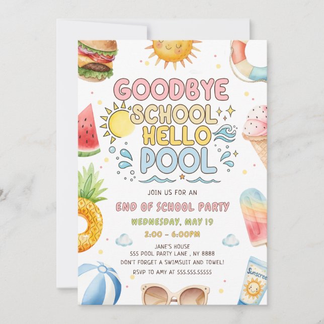 Farväl skola, Hej pool, Avslutningsfest  Inbjudningar (Framsida)