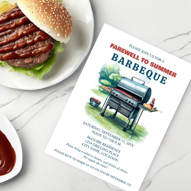 Farväl till Sommar BBQ Party Inbjudningar (BBQ party invitation with watercolor BBQ in the backyard.  An elegant invitation to celebrate summer)