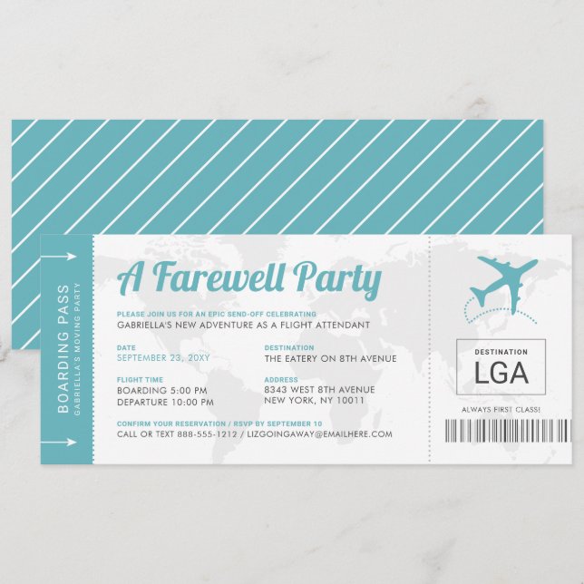Farwell Party Travel Themme Boarding Pass Inbjudan (Fram/baksida)