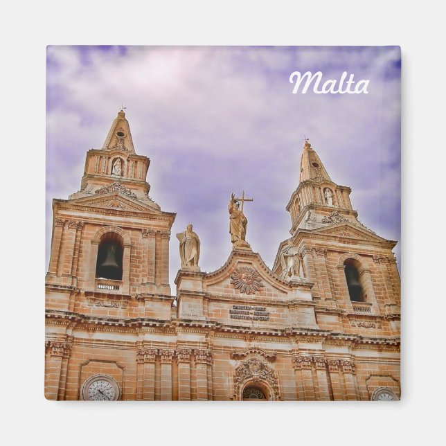 Fasad av kyrka i byn Mellieha på Malta Magnet (Framsidan)