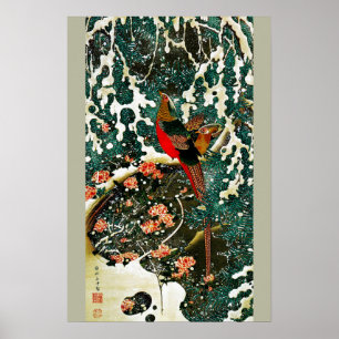 Fasaner i snö, tall, rosor, japanska blommor poster