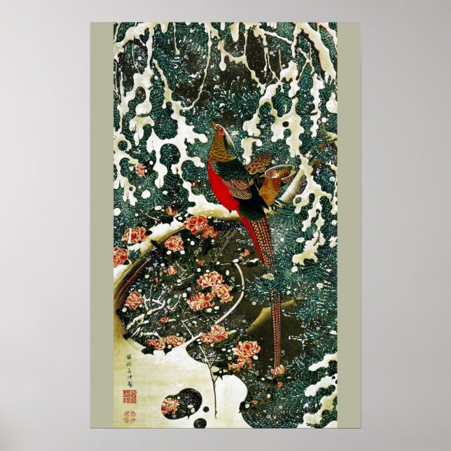 Fasaner i snö, tall, rosor, japanska blommor poster (Framsidan)
