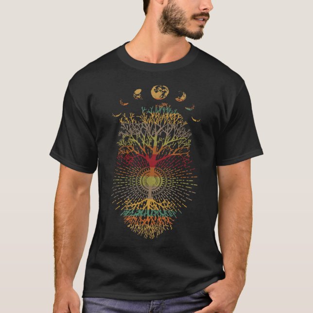 Faser i Måne Retro S Vibe Livets träd T Shirt (Framsida)