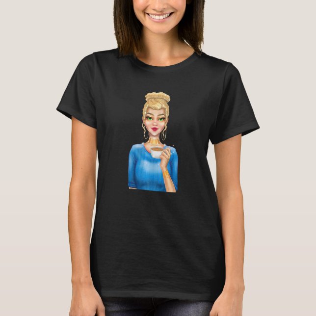 Fashion Blonde Woman Holding Cup of Coffee Hand Dr T Shirt (Framsida)