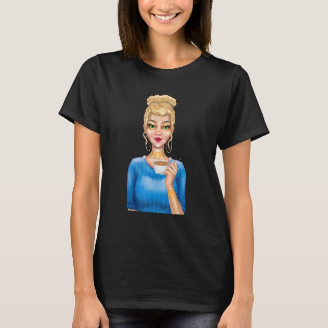 Fashion Blonde Woman Holding Cup of Coffee Hand Dr T Shirt (Framsida)