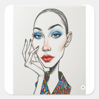 Fashion Model Pop Art Portrait Blue Eyeshadow Red Fyrkantigt Klistermärke