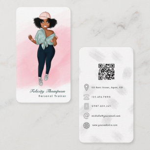 Fashionable Afro Fitness Instructor Girl QR Code Visitkort