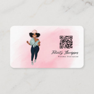 Fashionable Afro Fitness Instructor Girl QR Code Visitkort