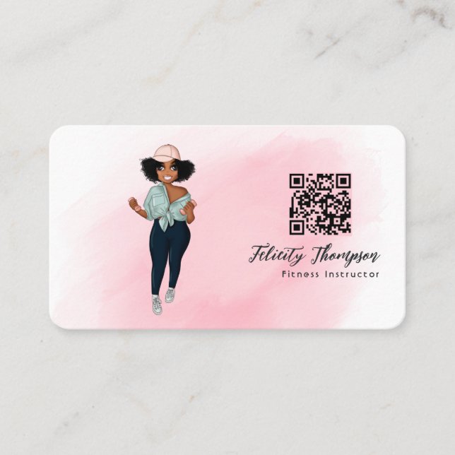 Fashionable Afro Fitness Instructor Girl QR Code Visitkort (Framsida)