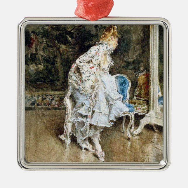 Fashionable Beauty Admiring Herself i Spegel Julgransprydnad Metall (Framsidan)