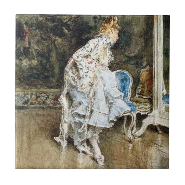 Fashionable Beauty Admiring Herself i Spegel Kakelplatta (Framsidan)