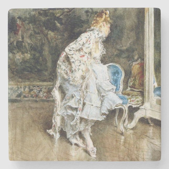 Fashionable Beauty Admiring Herself i Spegel Stenunderlägg (Framsidan)