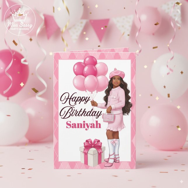 Fashionable Brown Girl/Tonåring Rosa Birthday Kort (Pretty in pink 💕 Stylish birthday card with festive party vibes. Perfect for your young fashionista)