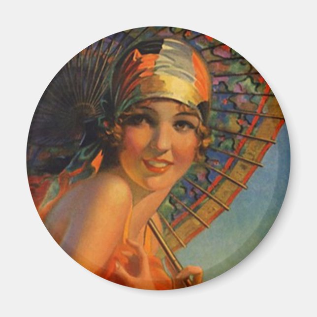 Fashionable Flapper Girl w/ Parasol & Cloche Magnet (Framsidan)