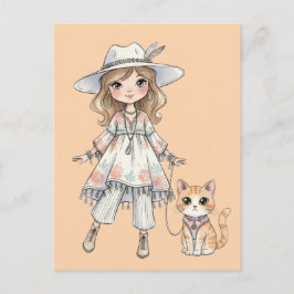 Fashionable girl strolling with her cat vykort